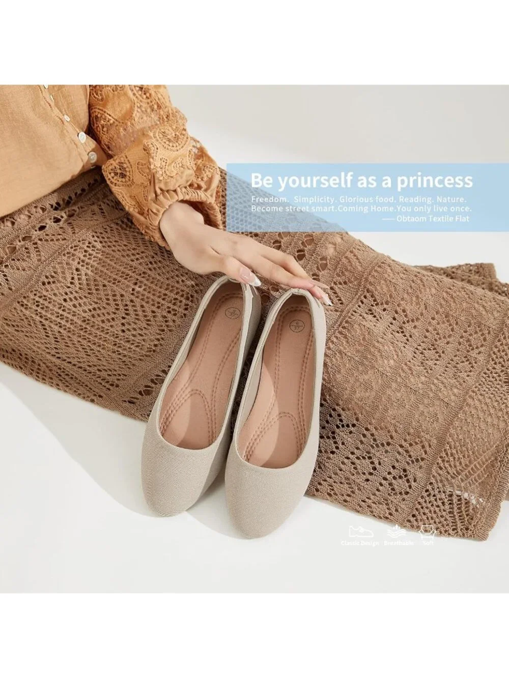 Women's Khaki Textile Round Toe Flat Shoes Slip on Dress Comfortable